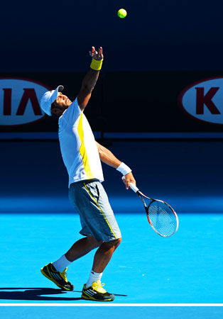 Spain's Fernando Verdasco serves against Belgium's David Goffin during their men's singles first round match.