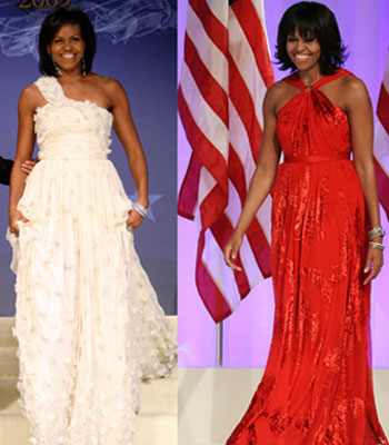 This combo image shows first lady Michelle Obama in her two Jason Wu gowns, first worn at the Inaugural Ball in Washington on Jan 21, 2009 and then yesterday. The ruby-colored custom-made dress was a follow-up to the white gown Wu made for her four years ago when she was new to Washington, the pomp and circumstance, and the fashion press. —Photo by AP
