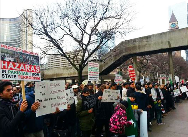 Around 300 people in downtown Toronto protest against Shia genocide in Pakistan. ?Photo by Hamid Rizvi for Dawn.com
