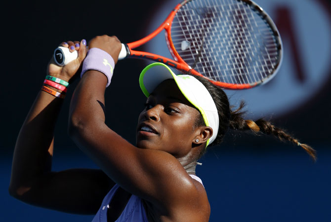 Sloane Stephens of the US makes a backhand return to Britain's Laura Robson during their third round match. -Photo by AP