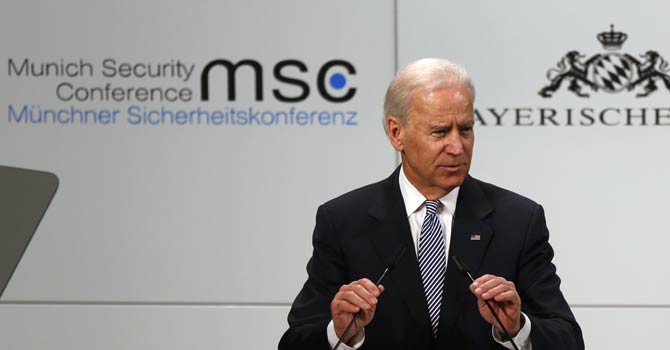 US Vice President Joe Biden speaks at the Security Conference in Munich, southern Germany, on Saturday, Feb 2, 2013. The 49th Munich Security Conference started Friday afternoon with experts from 90 delegations. - AP Photo