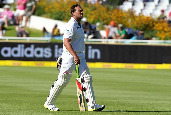 South African cricketer Jacques Kallis walks off after scoring two runs. -Photo by AFP