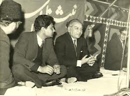 Meraj Muhammad Khan (centre) with progressive poet, Faiz Ahmad Faiz (third from left) at a poetry recital organised by the left-wing NSF at the Karachi University in 1963.