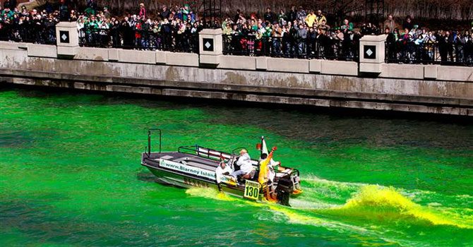 Journeymen plumbers dyed the Chicago River green to mark the start of St. Patrick's Day celebrations. —Photo (File) Reuters