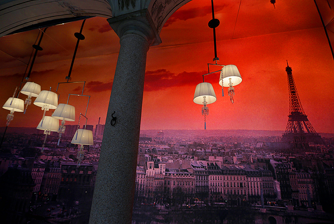 Mobile chandeliers designed by Israeli designer Arik Levy for Baccarat are displayed at Milan's Design Fair, in Milan, Italy.