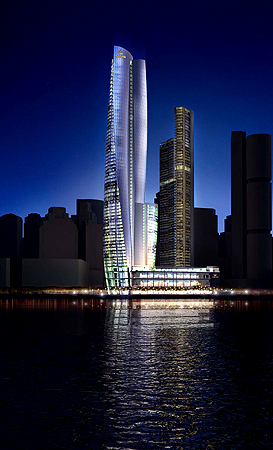 An artist's impression of tycoon James Packer's proposed billion-dollar casino for Asian high-rollers stands on the Sydney skyline after Packer picked the British firm Wilkinson Eyre design, in Sydney on May 16, 2013. The Australian mogul wants his 60-storey building to rival the Sydney Opera House in the iconic structure stakes and to make it happen selected Wilkinson Eyre Architects ahead of two American firms also on the shortlist. Wilkinson Eyre is best known for designing Gardens by the Bay in Singapore, th
