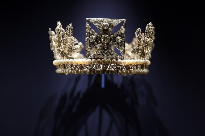 The diamond diadem, made of diamonds, pearls, silver and gold, worn by Britain's Queen Elizabeth II on her way from Buckingham Palace to Westminster Abbey for her 1953 Coronation and during the first part of the ceremony, is displayed at the exhibition. — AP Photo