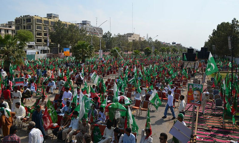 Supporters pour in at D-Chowk for the protest against alleged rigging in the 2013 general elections.—Photo by Irfan Haider