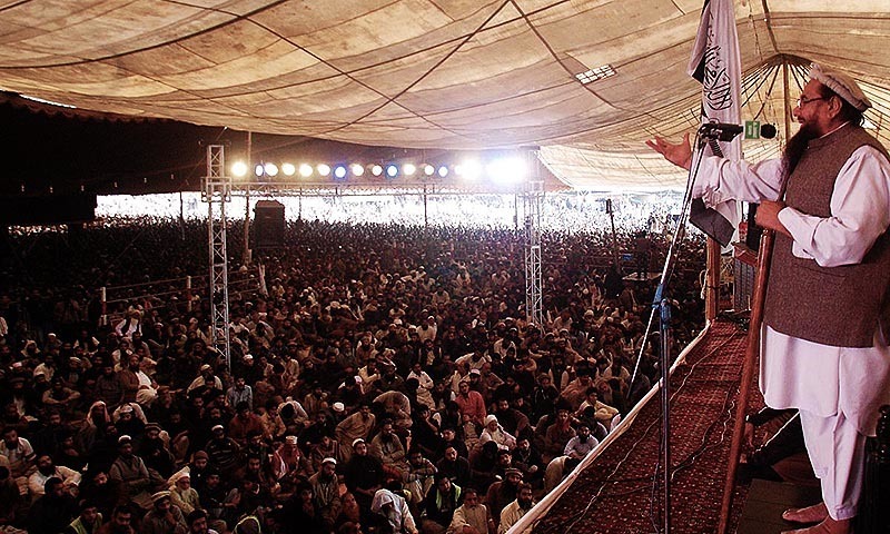 Jamaatud Dawa(JuD) emir Hafiz Muhammad Saeed addressing the participants of JuD Ijtemaa at Minar -i-Pakistan.— Online