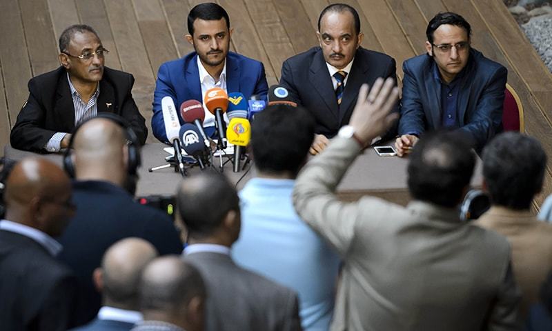 Rebel's delegation Mohammed Zubairi, Head of delegation Hamza al-Houthi, Yahya Doaid and Abd al-Malik al-Hagri attend a press conference at the end Yemen peace talks in Geneva. — AFP