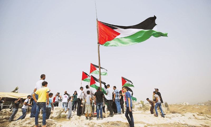 TO celebrate adoption at the United Nations of a resolution allowing flag of Palestine to be flown at the UN headquarters, Palestinians hoist a large flag in the occupied West Bank village of Nabi Saleh, near Ramallah, on Friday.&mdash;Reuters