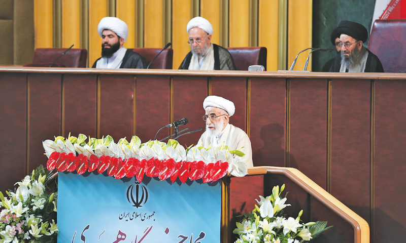 A handout picture provided by the office of the Iranian president  shows Ayatollah Ahmad Jannati addressing Iran's Assembly of Experts as the key body votes to choose the chief on Tuesday. ─ AFP