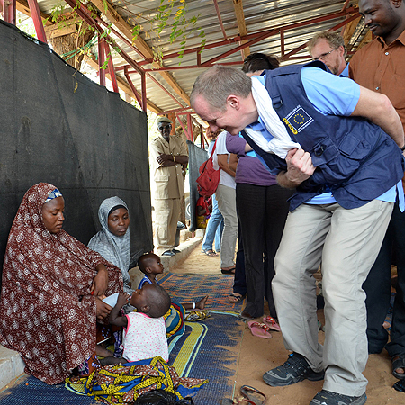 Claus Sorensen, director-general of the European Commission - Humanitarian Aid and Civil Protection (ECHO), visiting a center for malnourished children in Tibiri, southeastern Niger.—Photo by AFP