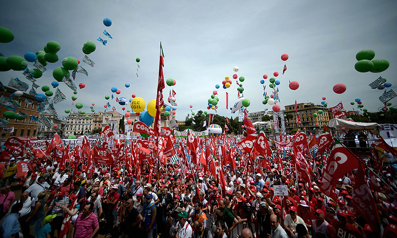 Thousands of workers gather in San Giovanni in Laterano Square during a demonstration called by the three main Italian trade unions CGIL,CISL and UIL for work and tax fairness.—Photo by AFP