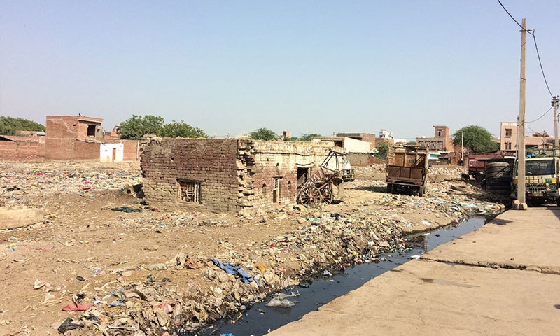 On the Hindu side of Karhal are fields. On the Muslim side, plastic-filled wastelands