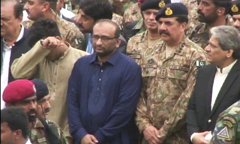 Edhi's son, Faisal Edhi and Army Chief Gen Raheel Sharif are seen at the funeral prayers.— DawnNews
