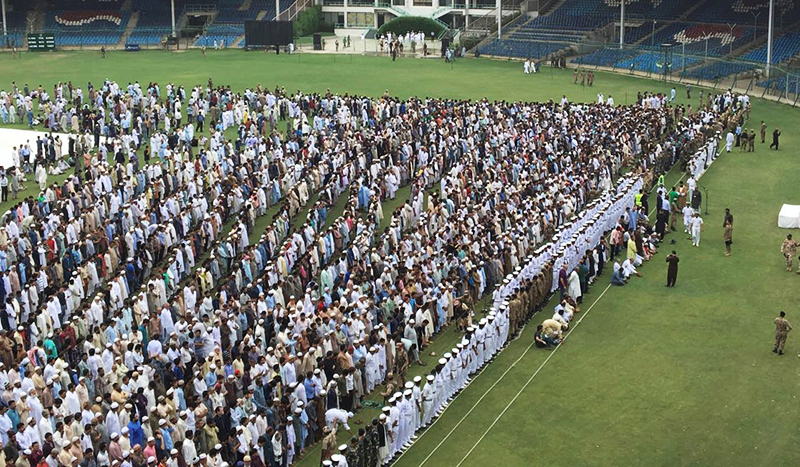 People gather at the national stadium for Edhi's funeral.— Reuters