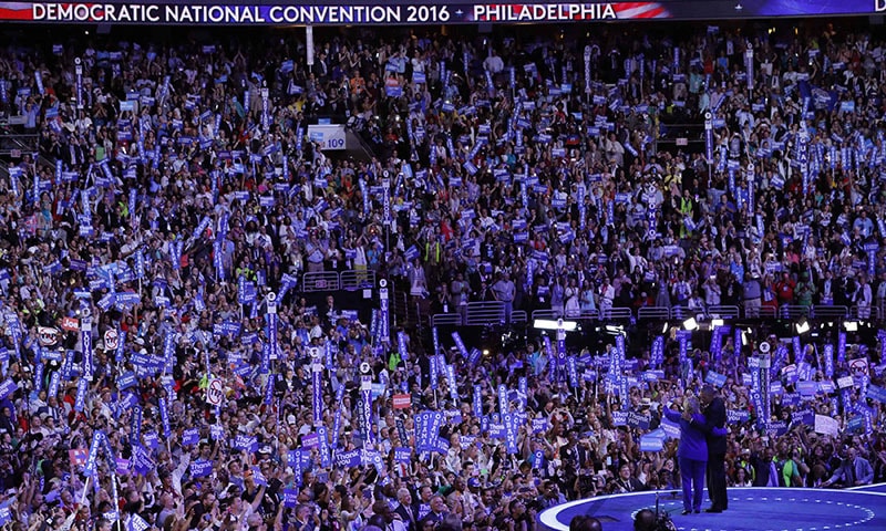 US President Barack Obama and Democratic presidential nominee Hillary Clinton appear onstage together after his speech.— Reuters