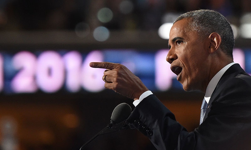 US President Barack Obama speaks to delegates on Day 3 of the Democratic National Convention at the Wells Fargo Center, July 27. — AFP