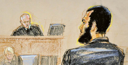 Courtroom sketch shows defendant Khadr pleading guilty to terrorism during a U.S. war crimes tribunal at Guantanamo Bay Naval Base in Cuba