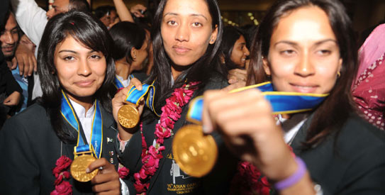 “This welcome is like icing on the cake after our victory,” Pakistan's gold-medal winning team's captain Sana Mir said. —AFP Photo “This welcome is like icing on the cake after our victory,” Pakistan's gold-medal winning team's captain Sana Mir said. —AFP Photo