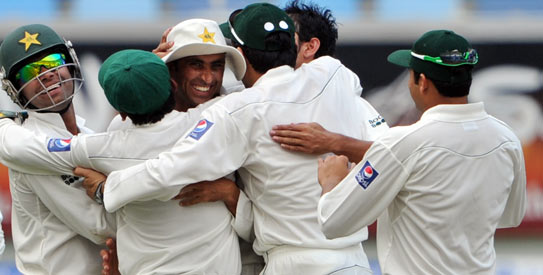 Younis Khan took a stunning catch to remove Alviro Petersen off the bowling of Abdur Rehman. —AFP Photo