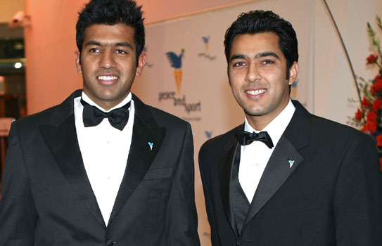 Pakistan’s Aisam-ul-Haq Qureshi (L) and India’s Rohan Bopanna arrive for the Ceremony of the 4th International Forum Peace and Sport in Monaco. The duo won the Image of the Year award for their “Stop War, Start Tennis” campaign. —AFP Photo