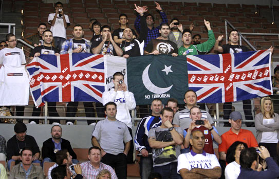 Fans of WBA super lightweight champion Amir Khan cheer during an official weigh-in at the Mandalay Bay Events Center in Las Vegas. Khan will defend his title against WBA interim champion Marcos Maidana of Argentina at the arena on Saturday. —Reuters Photo