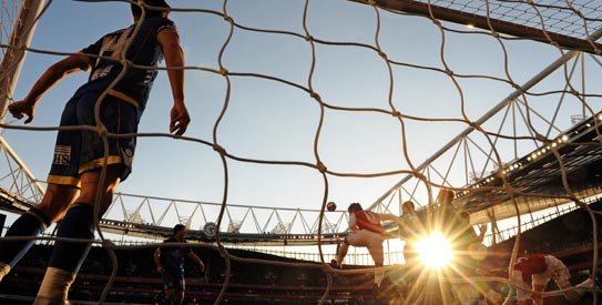 Leeds United's midfielder Jonathan Howson stands on the goal line during a goalmouth scramble in the FA Cup third round football match between Arsenal and Leeds United. —AFP Photo