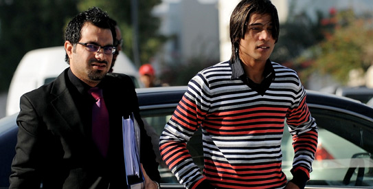 amir543afp spot-fixing scandal, match-fixing scandal, mohammad amir, mohammad asif, salman butt, icc hearing, cricket scandal, news of the world, mazhar majeed, doha, qatar, qatar financial centre, michael beloff