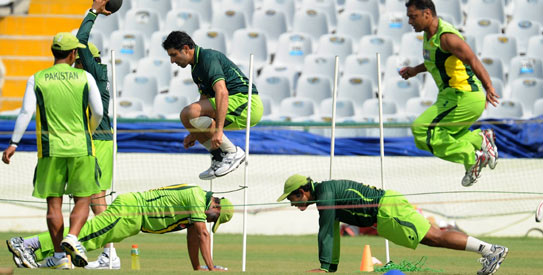 Pakistan held their first training session before the semi-final at the PCA Stadium in Mohali on Saturday. —Photo by AFP