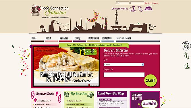 A screenshot of the Food Connection Pakistan website, where users can access the main listings, browse various categorizations, access blogs, and avail various promotions.