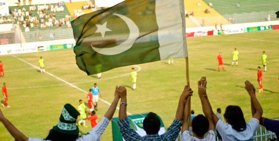 Fans at the Pakistan-Palestine football match. —Photo by Nadir Siddiqui/Dawn.com