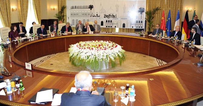 A handout picture from the Iraqi government shows representatives of the P5+1 -- the United States, Russia, China, Britain, France and Germany -- during a meeting with Iran's chief negotiator Saeed Jalili (R) in Baghdad on May 23, 2012. World powers sought  to pave the way to ending the decade-old and escalating Iran nuclear crisis by laying out a new package of proposals they said would be "of interest" to Tehran. == RESTRICTED TO EDITORIAL USE - MANDATORY C