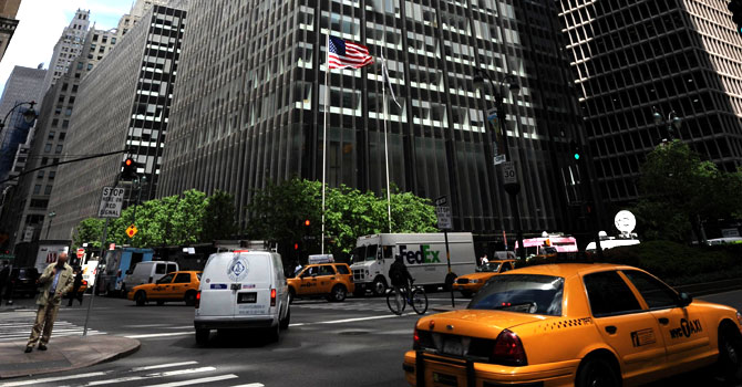 The JP Morgan Chase building on Park Avenue, New York. Chase's share price plunged Friday after a $2 billion derivatives loss left the bank's reputation and that of its pugnacious chief executive Jamie Dimon in tatters. – Photo by AFP