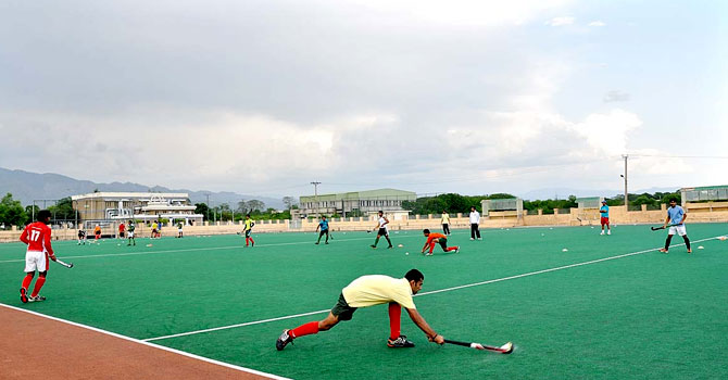 Members of the Pakistan hockey team for the Azlan Shah Cup practice at the Naseer Bunda Stadium in Islamabad. – Photo by APP