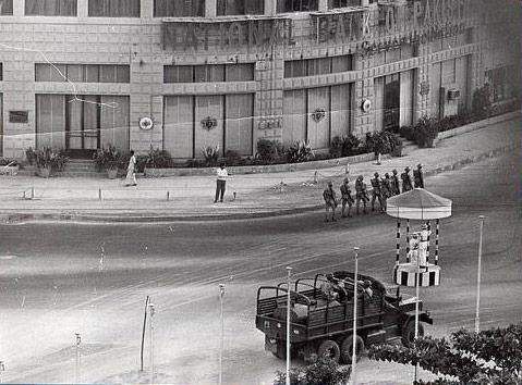 Army troops patrol streets near PIDC, Karachi.