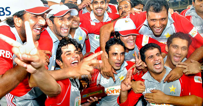 Sialkot Stallions with the National Twenty20 winner's trophy in Lahore, in 2010. – File photo by APP