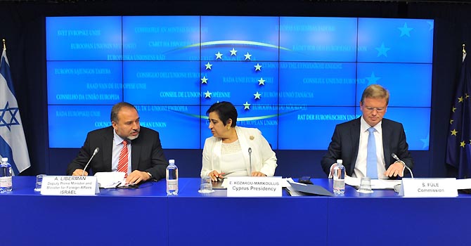 BELGIUM-EU-ISRAEL srael Minister for Foreign Affairs Avigdor Liberman, Cypriot Foreign Affairs minister Erato Kozakou-Marcoulis and EU Commissioner for Enlargement and European Neighbourhood Policy Stefan Füle give a press conference on July 24, 2012 following an EU-Israel Association Council meeting at the EU Headquarters in Brussels. In the meetings, Foreign Minister Liberman and EU partners will discuss strengthening the ties between Israel and the EU as well as bilateral issues, and developments in the Middle East and their impact on the region AFP PHOTO GEORGES GOBET