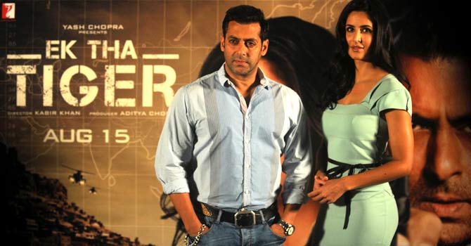 Salman Khan and Katrina Kaif attend a promotional event for their forthcoming film “Ek Tha Tiger” in Mumbai. – Photo by AFP