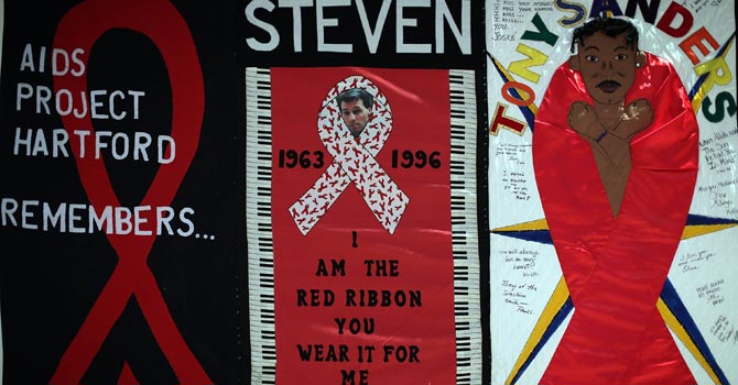 The details of a panel of the Aids Memorial Quilt which is on display at the National Cathedral.—AFP Photo