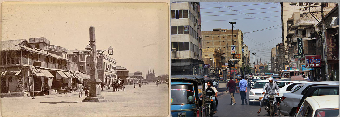 [Click on images to enlarge] 
Clarke Street ? 
A view of a street in the Saddar area of Karachi, showing the St.Patrick's Cathedral in the background.
St. Patrick's Cathedral, the seat of the Roman Catholic Archdiocese of Karachi, is situated on Shahrah-e-Iraq which was previously known as Clarke Street.
The church was initially built on the grounds of this cathedral in 1845. ? Left side image: Dawn archives