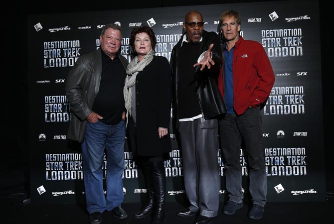 Shatner, Mulgrew, Brooks and Bakula, who played Star Trek captains, pose for photographers at the "Destination Star Trek London" event in London