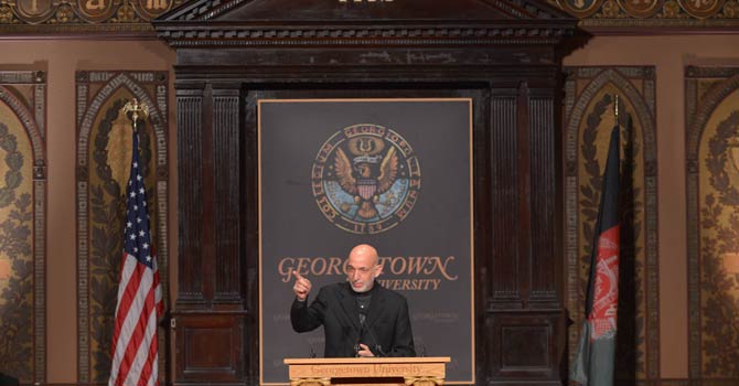 Afghan President Hamid Karzai speaks on the future of US-Afghan relations on Jan 11, 2013 at Georgetown University's Gaston Hall in Washington, DC. - AFP Photo