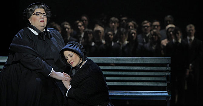 In this January 23 photo provided by the Minnesota Opera, Christine Brewer, left, as Sister Aloysius Beauvier, the school principal and Adriana Zabala as Sister James, a teacher and a nun, perform during a dress rehearsal for the world premiere of ‘Doubt’ at the Minnesota Opera Center in Minneapolis. —Photo by AP
