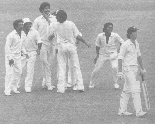 Sarfraz gets rid of Gary Coziar. (From Left): Sadiq, Mushtaq, Sarfraz, Imran, Javed and Cozier.