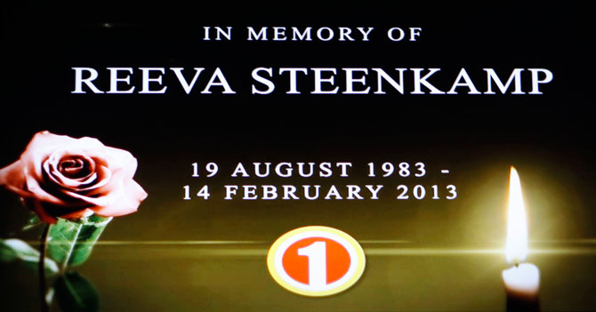 In this frame-grab from state television channel SABC 1 a tribute is devoted to slain model Reeva Steenkamp, girlfriend of Olympic athlete Oscar Pistorius. South Africa’s national broadcaster went ahead with the screening of  the  reality TV show “Tropika Island of Treasure” Saturday, Feb 16, 2013, featuring the dead model. Steenkamp encouraged her family to watch in one of her last conversations with them before her shooting death at the home of Pistorius. - Photo by AP
