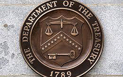 The logo of the US Treasury Department is seen on the outside of the Treasury building in Washington . —Photo (File) AFP