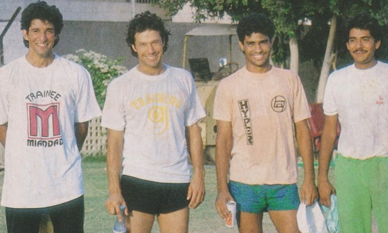 Khan with his three fast-bowling protégés: Wasim Akram, Waqar Younis and Aaqib Javed (1989).