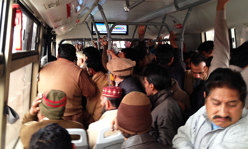 The Lahore BRT filled to capacity on January 14 (12 Rabiul Awwal) at 11:00am heading to Gajjumata from MAO College. -Source: Murtaza Haider.